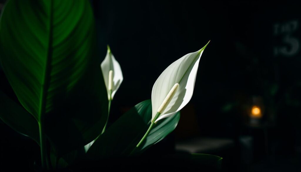 A beautiful Peace Lily plant standing gracefully in low light conditions. In the foreground, the glossy, dark green leaves showcase subtle variations in shade, creating a rich texture. The elegant white blooms, slightly illuminated, emerge from the center, their curved petals glowing softly against the shadows. In the middle ground, a hint of blurred furniture or a small table helps to set the scene, emphasizing the tranquility of a dimly lit corner. The background is dark and atmospheric, with faint hints of greenery or a contrasting wall that enhances the serene ambiance. The lighting evokes a peaceful, calming mood, resembling the ambiance of a cozy indoor space, captured with a shallow depth of field to focus on the Peace Lily's beauty.