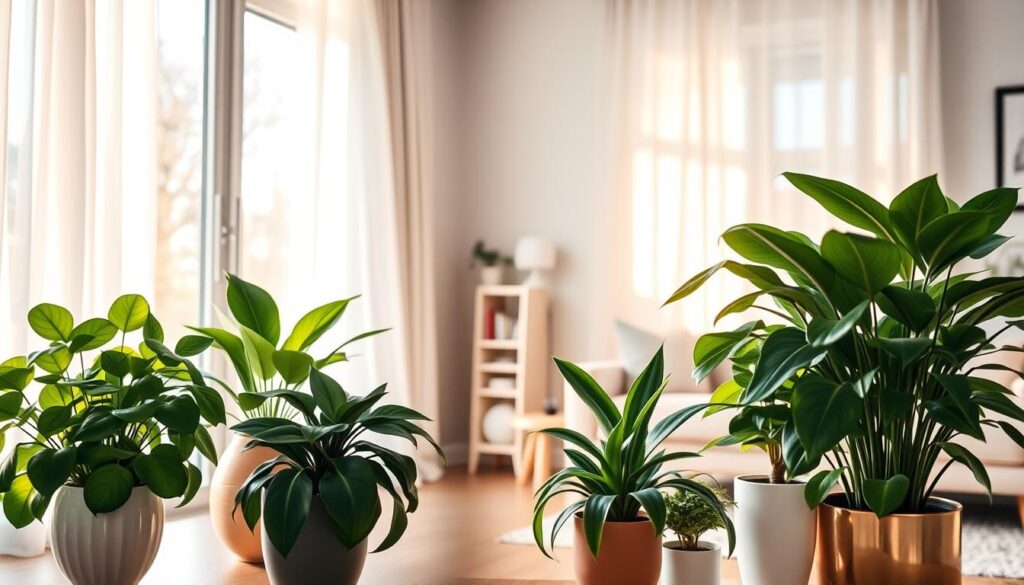 A beautifully arranged "Houseplant Light Transition Guide" featuring various low-light indoor plants suitable for winter. In the foreground, showcase a variety of verdant plants such as pothos, snake plant, and ZZ plant, each in elegant pots. The middle ground depicts a softly lit room with a window allowing gentle winter sunlight to filter through sheer curtains, casting warm glows on the foliage. In the background, include a cozy setting with a small bookshelf and comfortable seating, enhancing a serene atmosphere. The lighting should be warm and inviting, creating a tranquil mood that emphasizes the importance of acclimating plants to lower light conditions. Use a warm color palette to evoke a sense of comfort and well-being. The angle should be slightly elevated, capturing the plants in a pleasing arrangement without text or distractions.