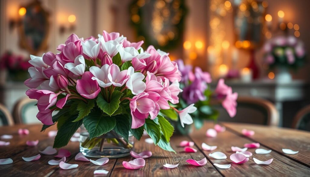 A beautifully arranged bouquet of cyclamen flowers in a clear glass vase, showcasing varying shades of pink, white, and lavender petals. The foreground features delicate cyclamen with lush green leaves, creating a vibrant contrast. Surrounding the vase are soft, heart-shaped petals scattered across a rustic wooden table, evoking a romantic Valentine's Day atmosphere. In the middle, wisps of soft, warm light filter in, casting a gentle glow on the arrangements and enhancing the colors of the flowers. The background blurs slightly to reveal an elegant, tastefully decorated room with faint hints of Valentine's Day decor, like candles and fairy lights, adding to the cozy, intimate mood. The image is shot with a shallow depth of field, focusing on the arrangement, creating a dreamy, enchanting feel. A beautifully arranged bouquet of cyclamen flowers in a clear glass vase, showcasing varying shades of pink, white, and lavender petals. The foreground features delicate cyclamen with lush green leaves, creating a vibrant contrast. Surrounding the vase are soft, heart-shaped petals scattered across a rustic wooden table, evoking a romantic Valentine's Day atmosphere. In the middle, wisps of soft, warm light filter in, casting a gentle glow on the arrangements and enhancing the colors of the flowers. The background blurs slightly to reveal an elegant, tastefully decorated room with faint hints of Valentine's Day decor, like candles and fairy lights, adding to the cozy, intimate mood. The image is shot with a shallow depth of field, focusing on the arrangement, creating a dreamy, enchanting feel.