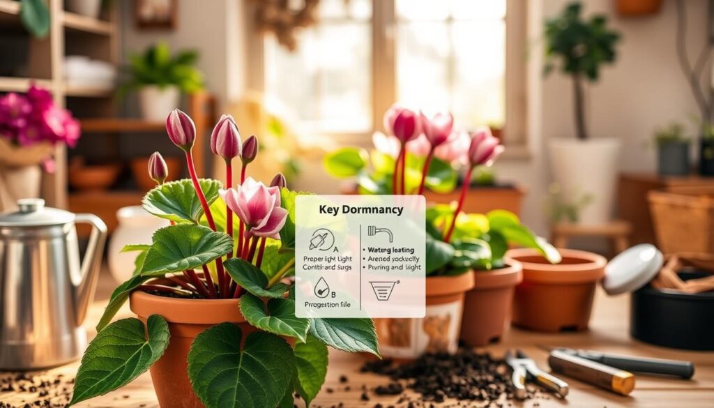 A beautifully arranged composition showcasing a "Cyclamen Dormancy Care Guide." In the foreground, a well-cared-for cyclamen plant with vibrant green leaves and withered blooms, placed in a terracotta pot. Surrounding the plant, essential care items such as a small watering can, soil mix, and pruning shears are thoughtfully arranged. In the middle ground, an informative illustration or diagram highlighting key dormancy care steps – such as proper light conditions and watering techniques – seamlessly integrated into the scene. The background features a softly lit, cozy gardening workspace, with natural sunlight filtering through a window, casting gentle shadows. The overall mood is serene and nurturing, evoking a sense of care and attention for the plants during their dormancy period.
