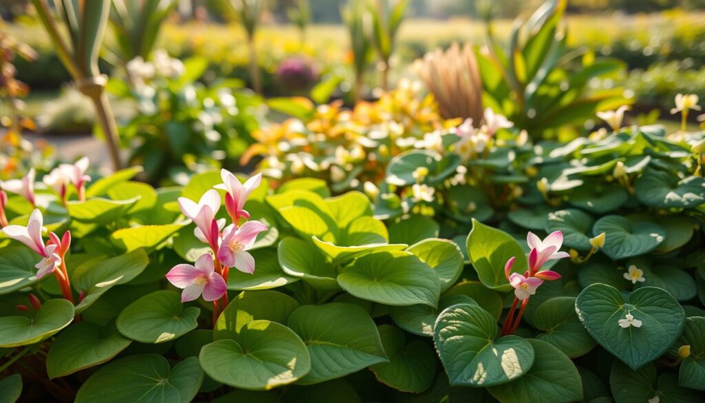 A beautifully arranged garden scene showcasing hardy perennials with heart-shaped leaves, specifically Cyclamen and Epimedium. In the foreground, delicate Cyclamen flowers bloom alongside lush, glossy green leaves, all shaped like hearts, their petals featuring shades of pink and white. In the middle ground, Epimedium plants spread gracefully, displaying intricate leaf patterns and soft yellow blossoms. The background features a softly blurred garden landscape, with hints of other greenery and sunlight filtering through, casting gentle shadows. The atmosphere is warm and inviting, evoking a sense of tranquility and love, perfect for a Valentine’s Day theme. Use natural morning light for a fresh, vibrant look, with a soft focus effect to highlight the perennials’ beauty. Aim for a slight upward angle to capture the plants’ lushness from an appealing perspective.