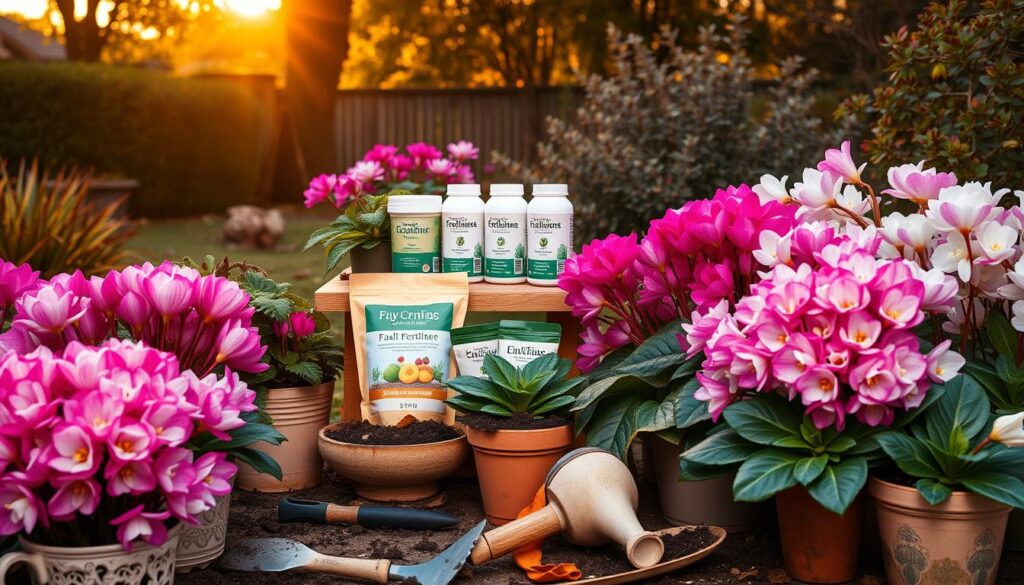 A beautifully arranged scene depicting a collection of vibrant fall cyclamen plants in different shades of pink, purple, and white, showcasing their stunning foliage. In the foreground, the cyclamen are placed in decorative pots with soil, alongside gardening tools like a trowel and a watering can, emphasizing a hands-on fertilizing approach. The middle ground features a small table displaying organic fertilizers and nutrients specifically listed for cyclamen care, with a backdrop of a cozy autumn garden setting dimly lit by the warm glow of golden hour sunlight filtering through trees. The atmosphere is warm and inviting, evoking a sense of tranquility and care for nature, perfect for a gardening enthusiast looking to cultivate their cyclamen during fall and early winter.