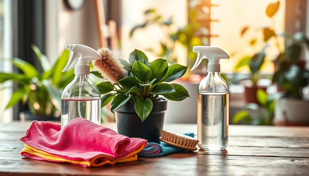 A beautifully arranged scene featuring essential plant cleaning tools and microfiber cloths on a rustic wooden table. In the foreground, place a variety of microfiber cloths in vibrant colors, neatly folded alongside a gentle, eco-friendly cleaning solution in a glass spray bottle. In the middle, showcase a small potted indoor plant with lush, dark green leaves, partially dusted with a soft, natural bristle brush. The background features softly blurred greenery, hinting at other houseplants, bathed in warm, natural light filtering through a nearby window. The atmosphere is serene and fresh, evoking a sense of care and nurturing for indoor plants. Use a shallow depth of field to keep the focus on the cleaning tools while allowing the vibrant greenery to softly blur, creating an uplifting mood.