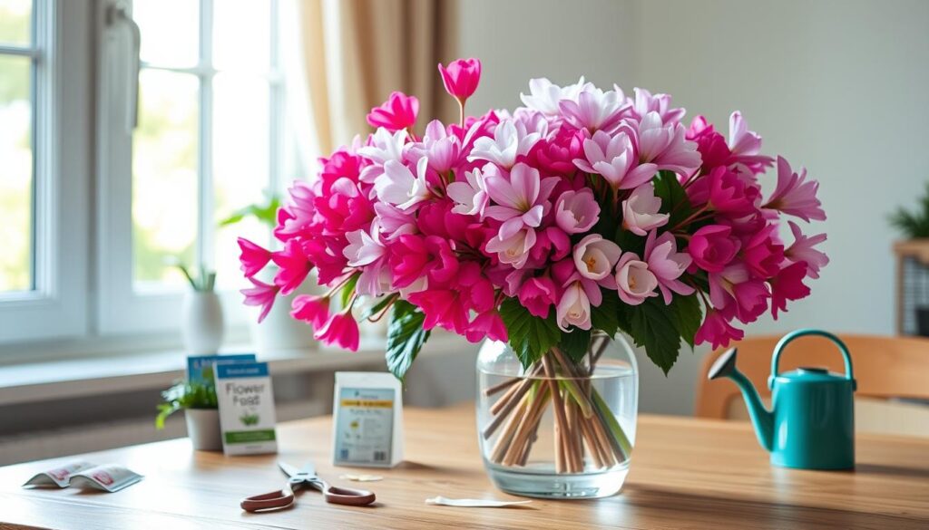 A beautifully arranged vase filled with vibrant cyclamen flowers, showcasing a variety of colors such as deep pink, white, and lavender. The vase sits on a wooden table, surrounded by essential tools for flower care, such as a pair of scissors, flower food packets, and a small watering can. In the background, soft, natural light filters through a window, illuminating the scene and casting gentle shadows. The atmosphere is fresh and inviting, suggesting a serene home environment. The composition emphasizes the flowers in the foreground while keeping the accessories in the middle ground. The image captures a sense of tranquility and appreciation for floral beauty, encouraging viewers to explore ways to maintain freshness in cut flowers. A beautifully arranged vase filled with vibrant cyclamen flowers, showcasing a variety of colors such as deep pink, white, and lavender. The vase sits on a wooden table, surrounded by essential tools for flower care, such as a pair of scissors, flower food packets, and a small watering can. In the background, soft, natural light filters through a window, illuminating the scene and casting gentle shadows. The atmosphere is fresh and inviting, suggesting a serene home environment. The composition emphasizes the flowers in the foreground while keeping the accessories in the middle ground. The image captures a sense of tranquility and appreciation for floral beauty, encouraging viewers to explore ways to maintain freshness in cut flowers.