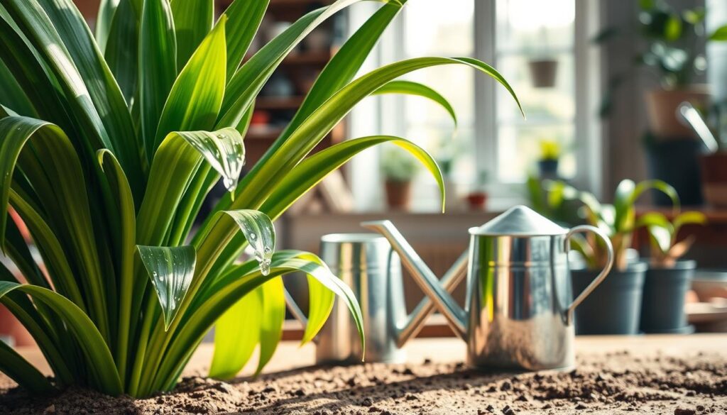 A beautifully arranged watering guide for Dracaena Marginata, showcasing vibrant green leaves and a fresh soil surface. In the foreground, a large, healthy Dracaena Marginata plant with long, arching leaves, some droplets of water on the foliage, indicating recent watering. In the middle, an elegant watering can made of metal, artistically positioned beside the plant, with a background of soft-focus gardening tools and a wooden potting table. The background features a well-lit indoor environment with gentle sunlight filtering through a nearby window, enhancing a warm and welcoming atmosphere. The overall mood suggests care and nurturing, ideal for beginner plant enthusiasts. A beautifully arranged watering guide for Dracaena Marginata, showcasing vibrant green leaves and a fresh soil surface. In the foreground, a large, healthy Dracaena Marginata plant with long, arching leaves, some droplets of water on the foliage, indicating recent watering. In the middle, an elegant watering can made of metal, artistically positioned beside the plant, with a background of soft-focus gardening tools and a wooden potting table. The background features a well-lit indoor environment with gentle sunlight filtering through a nearby window, enhancing a warm and welcoming atmosphere. The overall mood suggests care and nurturing, ideal for beginner plant enthusiasts.