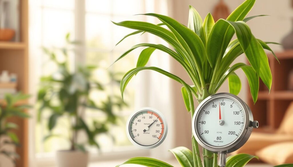 A beautifully detailed illustration of a Dragon Tree (Dracaena Marginata) thriving in its ideal environment. In the foreground, showcase a vibrant, healthy Dragon Tree with its distinctive long, slender trunks and lush, arching green leaves, reflecting its humidity-loving nature. The middle ground should feature a temperature gauge and a hygrometer, clearly indicating the optimal temperature range of 65-80°F (18-27°C) and humidity levels of 40-60%. The background could depict a cozy indoor setting, perhaps a well-lit room with soft, natural light streaming through a window, enhancing the atmosphere of warmth and comfort. Capture an inviting and serene mood, making it clear that this is a nurturing space for plant care. Use a slightly blurred focus for the background to emphasize the tree and instruments in the foreground. A beautifully detailed illustration of a Dragon Tree (Dracaena Marginata) thriving in its ideal environment. In the foreground, showcase a vibrant, healthy Dragon Tree with its distinctive long, slender trunks and lush, arching green leaves, reflecting its humidity-loving nature. The middle ground should feature a temperature gauge and a hygrometer, clearly indicating the optimal temperature range of 65-80°F (18-27°C) and humidity levels of 40-60%. The background could depict a cozy indoor setting, perhaps a well-lit room with soft, natural light streaming through a window, enhancing the atmosphere of warmth and comfort. Capture an inviting and serene mood, making it clear that this is a nurturing space for plant care. Use a slightly blurred focus for the background to emphasize the tree and instruments in the foreground.