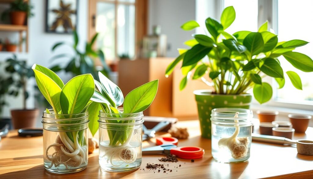 A bright and vibrant indoor scene showcasing various methods of propagating a Chinese Money Plant (Pilea peperomioides). In the foreground, well-lit, close-up images of healthy Pilea leaves placed in small glass jars filled with water, with white roots visible curling against the glass. In the middle ground, a healthy potted Chinese Money Plant in its green pot, surrounded by tools like pruning shears, soil, and small peat pots, creating a sense of activity. The background is softly blurred with natural light streaming through a window, casting gentle shadows and highlighting the lush green foliage. The overall atmosphere is fresh, inviting, and educational, emphasizing the nurturing process of plant propagation.