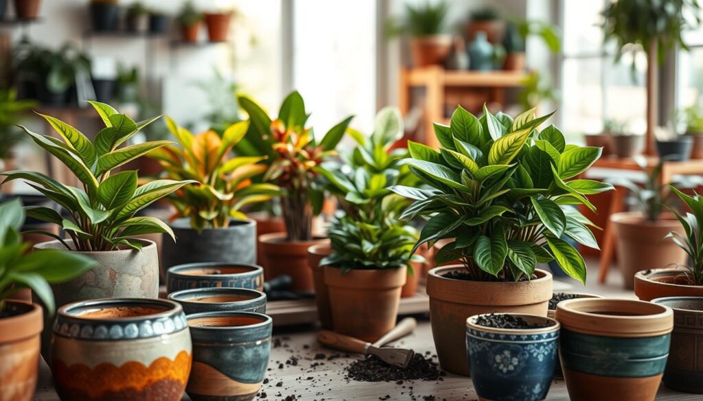 A bright, well-lit scene showcasing a variety of Chinese Evergreen plants (Aglaonema) in different pots, highlighting their colorful foliage. In the foreground, a selection of decorative pots in ceramic and terracotta materials, each with different textures and colors, such as vibrant greens, rich browns, and deep blues. The middle ground features healthy, lush Chinese Evergreens with variegated leaves, positioned around a wooden potting table scattered with potting soil and gardening tools, creating a natural gardening atmosphere. In the background, a softly blurred indoor garden setting with soft natural light filtering through a window, enhancing a warm and inviting mood. Focus on the textures of the leaves and the unique designs of the pots, with a shallow depth of field to keep the attention on the plants. A bright, well-lit scene showcasing a variety of Chinese Evergreen plants (Aglaonema) in different pots, highlighting their colorful foliage. In the foreground, a selection of decorative pots in ceramic and terracotta materials, each with different textures and colors, such as vibrant greens, rich browns, and deep blues. The middle ground features healthy, lush Chinese Evergreens with variegated leaves, positioned around a wooden potting table scattered with potting soil and gardening tools, creating a natural gardening atmosphere. In the background, a softly blurred indoor garden setting with soft natural light filtering through a window, enhancing a warm and inviting mood. Focus on the textures of the leaves and the unique designs of the pots, with a shallow depth of field to keep the attention on the plants.