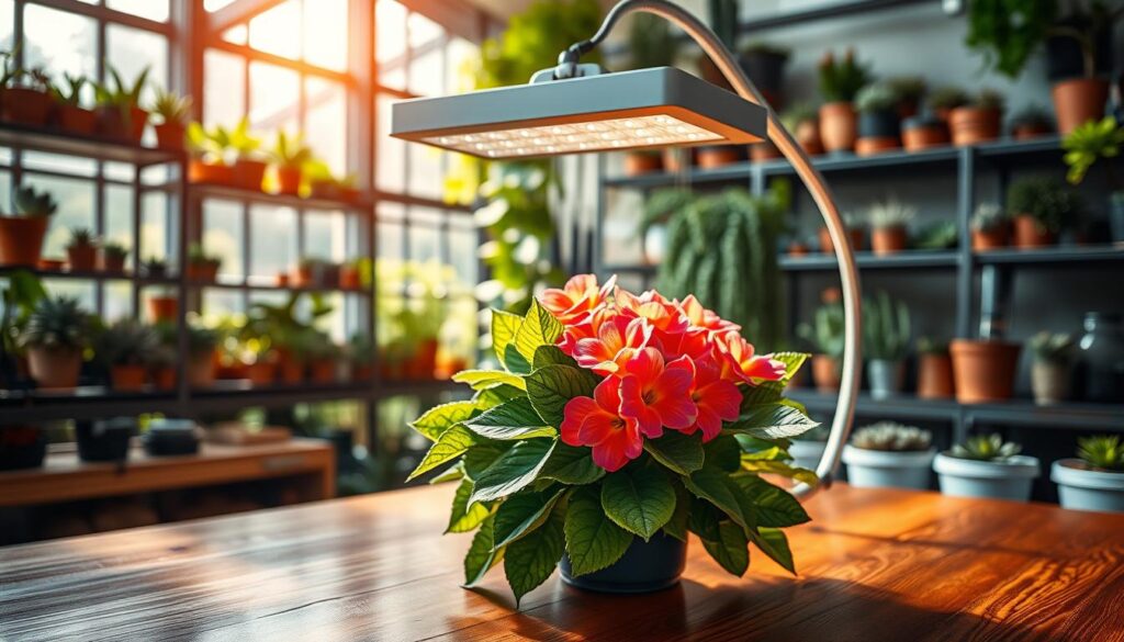 A captivating indoor greenhouse scene showcasing the "Kalanchoe Light Manipulation Technique". In the foreground, a vibrant Kalanchoe plant with lush green leaves and vivid blooms in pink and orange hues, positioned on a polished wooden table. The middle ground features a large, adjustable grow light casting a warm, soft glow on the plant, highlighting its textured leaves and petals. In the background, shelves lined with various succulents and gardening tools are subtly blurred to create depth, with sunlight filtering through the glass windows, enhancing the lively atmosphere. The setting is bright and inviting, emphasizing the importance of light in plant care. The image should evoke a sense of tranquility and inspiration for budding gardeners. A captivating indoor greenhouse scene showcasing the "Kalanchoe Light Manipulation Technique". In the foreground, a vibrant Kalanchoe plant with lush green leaves and vivid blooms in pink and orange hues, positioned on a polished wooden table. The middle ground features a large, adjustable grow light casting a warm, soft glow on the plant, highlighting its textured leaves and petals. In the background, shelves lined with various succulents and gardening tools are subtly blurred to create depth, with sunlight filtering through the glass windows, enhancing the lively atmosphere. The setting is bright and inviting, emphasizing the importance of light in plant care. The image should evoke a sense of tranquility and inspiration for budding gardeners.