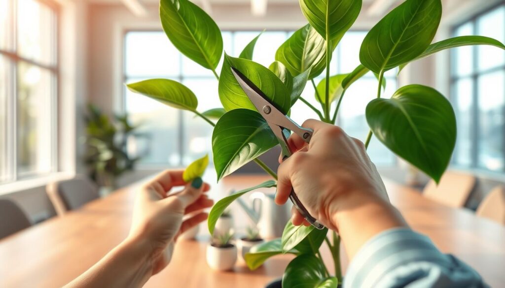 A close-up illustration of a ZZ plant in a modern office setting, showcasing its lush, glossy green leaves. In the foreground, a pair of hands gently pruning a leaf with clean, sleek gardening shears. In the middle, a wooden desk is adorned with small pots of fertilizer and a watering can, emphasizing care and maintenance. The background features a softly blurred image of a bright, well-lit office space with large windows, allowing natural light to pour in. The atmosphere is calm and professional, with a touch of greenery to evoke a refreshing, nurturing environment. Use soft, warm lighting to create a welcoming vibe, focusing on the details of the plant and tools, captured with a shallow depth of field.