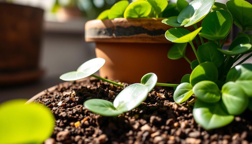 A close-up image of a vibrant Pilea Peperomioides, also known as the Chinese Money Plant, nestled in a rich, textured potting mix. The foreground features the plant's lush round leaves, showcasing their bright green color and subtle sheen, while the soil reveals its well-aerated structure with small chunks of bark and perlite. In the middle ground, include a rustic terracotta pot, slightly weathered, enhancing the organic feel. The background should be softly blurred to include hints of a sunny indoor setting, perhaps with a soft diffused natural light streaming through a window, casting gentle shadows. The overall mood is warm and inviting, emphasizing a nurturing environment for plant care.