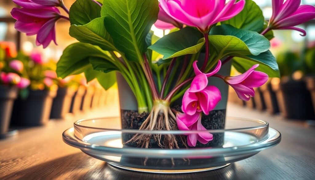 A close-up image showcasing the "Bottom Watering Cyclamen Technique." In the foreground, a vibrant cyclamen plant with lush green leaves and striking pink blooms is positioned above a shallow dish filled with water. The water level is slightly below the pot to demonstrate the bottom-up watering method. In the middle, the focus is on the roots visibly soaking up the moisture from the dish, with a gentle ripple effect highlighting the absorption process. The background features a soft, blurred plant nursery environment, bathed in warm, natural sunlight filtering through glass, creating an inviting and serene atmosphere. The overall mood is peaceful and instructional, emphasizing effective care for cyclamen plants while preventing crown rot. The angle is slightly tilted for a dynamic perspective, enhancing viewer engagement.
