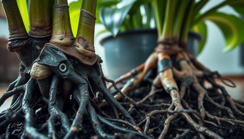 A close-up of Dracaena roots suffering from root rot caused by fungal diseases, showing dark, decaying roots intertwined with healthy one. The foreground features several roots, with visible fungal growths and a contrasting healthy section for comparison. In the middle ground, the soil appears damp and mottled, indicating overwatering. The background includes a blurred pot and a faint glimpse of lush, green Dracaena leaves above, suggesting the contrast in health. The lighting is soft and natural, simulating an indoor environment with gentle shadows. Use a shallow depth of field to emphasize the affected roots, while creating a somber, educational atmosphere that highlights the severity of root rot.