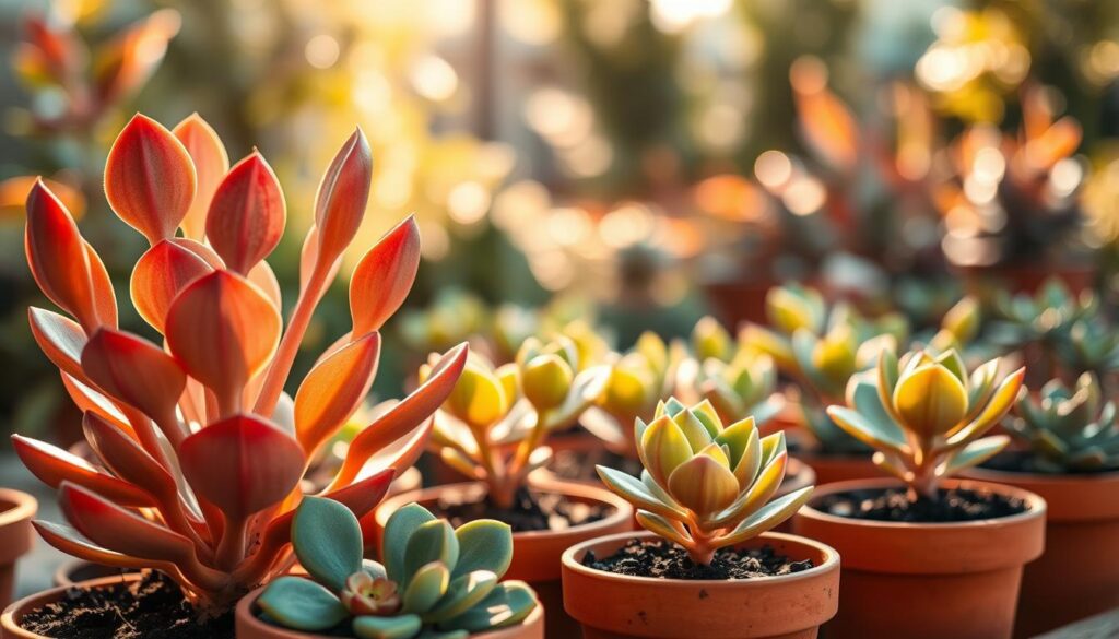 A close-up of Kalanchoe orgyalis, also known as Copper Spoons, showcasing its distinctive spoon-shaped leaves with a coppery hue. In the foreground, display several healthy cuttings of the plant in small terracotta pots, illustrating different propagation methods such as leaf cuttings and offsets. In the middle ground, arrange a nurturing environment with soil mixes, rooting hormone, and watering tools, emphasizing effective propagation techniques. The background should feature a softly blurred, sunlit garden setting with gentle bokeh effects, capturing the natural beauty of succulent care. Use warm, inviting lighting to enhance the earthy textures of the plants, evoking a calm and focused atmosphere perfect for horticultural enthusiasts.