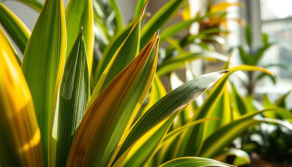 A close-up shot capturing the natural aging process of Dracaena leaves, showcasing a transition from vibrant green to shades of yellow and brown. In the foreground, several leaves exhibit varying stages of aging, with crisp edges and soft wrinkling, highlighting the textures and natural deterioration. In the middle ground, healthy green foliage contrasts with the aging leaves, emphasizing the change. The background features a blurred indoor plant setting, creating a warm, inviting atmosphere. Natural sunlight filters through a nearby window, casting gentle shadows and enhancing the colors, while a macro lens effect brings focus to the intricate details of the leaf surfaces. The overall mood is educational yet serene, illustrating the natural lifecycle of the plant. A close-up shot capturing the natural aging process of Dracaena leaves, showcasing a transition from vibrant green to shades of yellow and brown. In the foreground, several leaves exhibit varying stages of aging, with crisp edges and soft wrinkling, highlighting the textures and natural deterioration. In the middle ground, healthy green foliage contrasts with the aging leaves, emphasizing the change. The background features a blurred indoor plant setting, creating a warm, inviting atmosphere. Natural sunlight filters through a nearby window, casting gentle shadows and enhancing the colors, while a macro lens effect brings focus to the intricate details of the leaf surfaces. The overall mood is educational yet serene, illustrating the natural lifecycle of the plant.