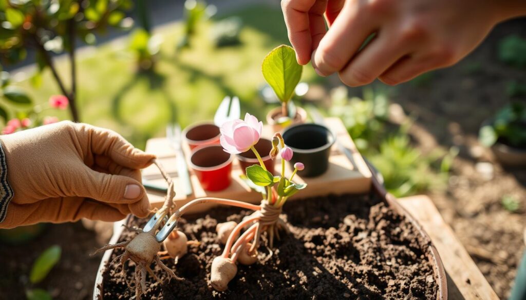 A close-up shot of a mature cyclamen plant being carefully divided and repotted, showcasing the intricate tubers and roots. In the foreground, a pair of hands, wearing gardening gloves, delicately separate the cyclamen tubers. In the middle, a small garden table filled with potting soil, newly chosen pots, and gardening tools like a trowel and scissors. The background features a softly blurred garden scene with dappled sunlight filtering through leaves, creating a warm, inviting atmosphere. Use natural, bright lighting to highlight the textures of the soil and plant, and capture the moment from a slight top-down angle for clarity. Aim for a calm, instructional mood that emphasizes care and attention to detail in gardening practices.