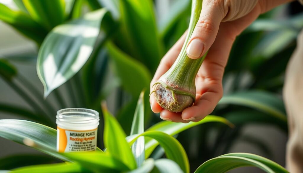 A close-up shot of a person in modest casual clothing applying rooting hormone to the cut end of a Dracaena cutting. The foreground features a small container of rooting hormone and the Dracaena cutting being prepared for propagation. The middle ground showcases vibrant green leaves of the Dracaena plant, with a background that includes soft, diffused lighting filtering through the leaves, creating a serene atmosphere. The camera angle is slightly elevated, focusing on the application process, highlighting the texture of the hormone and the fresh cut. The overall mood is educational and nurturing, conveying the careful attention given to plant propagation.