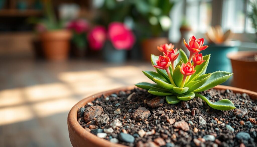A close-up view of Kalanchoe blossfeldiana soil and potting mix, arranged in a terracotta pot. The foreground features rich, well-draining soil with red and black volcanic rocks mixed in, providing an ideal texture for succulent growth. Surrounding the pot, small pieces of perlite and a layer of gravel create a natural setting. In the middle ground, a healthy Kalanchoe blossfeldiana plant displays its vibrant green leaves and bright coral flowers, complemented by a soft morning light that casts gentle shadows. The background features a blurred out indoor garden scene with soft natural light filtering through a window, creating a warm and nurturing atmosphere, evoking a sense of care and the right environment for this beautiful plant. A close-up view of Kalanchoe blossfeldiana soil and potting mix, arranged in a terracotta pot. The foreground features rich, well-draining soil with red and black volcanic rocks mixed in, providing an ideal texture for succulent growth. Surrounding the pot, small pieces of perlite and a layer of gravel create a natural setting. In the middle ground, a healthy Kalanchoe blossfeldiana plant displays its vibrant green leaves and bright coral flowers, complemented by a soft morning light that casts gentle shadows. The background features a blurred out indoor garden scene with soft natural light filtering through a window, creating a warm and nurturing atmosphere, evoking a sense of care and the right environment for this beautiful plant.