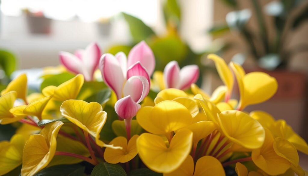 A close-up view of a Cyclamen plant featuring prominent yellowing leaves, indicating potential watering issues. The foreground highlights the delicate, heart-shaped leaves with varying shades of yellow, some curling or wilting slightly. In the middle, the Cyclamen flowers display vivid pink and white hues, contrasting with the yellow foliage. The background is softly blurred, suggesting a bright, natural light setting, evoking a fresh, indoor garden atmosphere. The lighting is warm and inviting, creating subtle shadows that enhance the texture of the leaves. The overall mood is reflective, illustrating a critical moment in plant care related to watering mistakes that can lead to the yellowing and wilting of this beautiful houseplant.