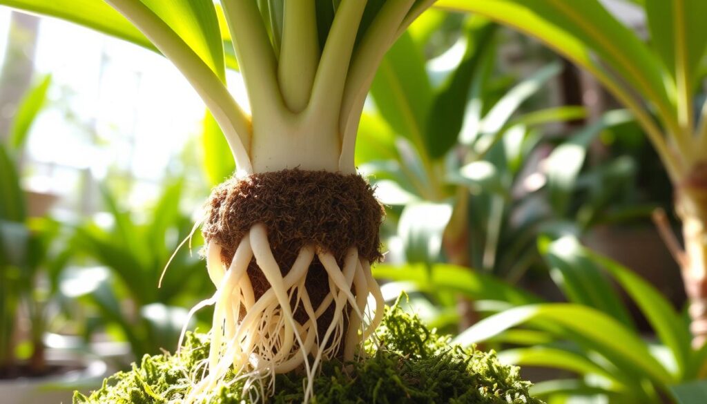 A close-up view of a Dracaena plant showcasing successful air layering root development. In the foreground, there are fresh, white, healthy roots emerging from a section of the stem enveloped in moist sphagnum moss, highlighting the intricate details of the root structures. The middle ground consists of lush, vibrant green leaves of the Dracaena, with the sunlight filtering through, creating dappled shadows and enhancing the texture of the leaves. The background features a soft-focus garden setting with hints of other tropical plants, contributing to a serene atmosphere. The image is shot from a slightly elevated angle, utilizing natural lighting to capture the vivid colors and textures, evoking a sense of growth and nurturing in plant propagation.