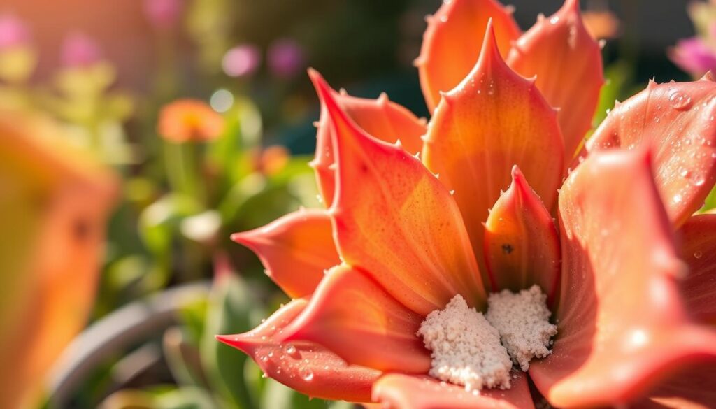 A close-up view of a Kalanchoe 'Copper Spoons' plant, displaying its unique, thick, copper-colored leaves glistening with morning dew. In the foreground, gently blurred leaves illustrate potential pest damage, including tiny holes and discoloration. The middle ground showcases healthy leaves alongside effective natural pest prevention like neem oil spray and diatomaceous earth placed artistically around the plant. In the background, a soft-focus, sunlit garden scene creates a warm and inviting atmosphere. The lighting is bright but gentle, casting soft shadows that enhance the texture of the leaves. The overall mood is one of care and concern for plant health, emphasizing the beauty and resilience of the Kalanchoe amidst pest challenges.