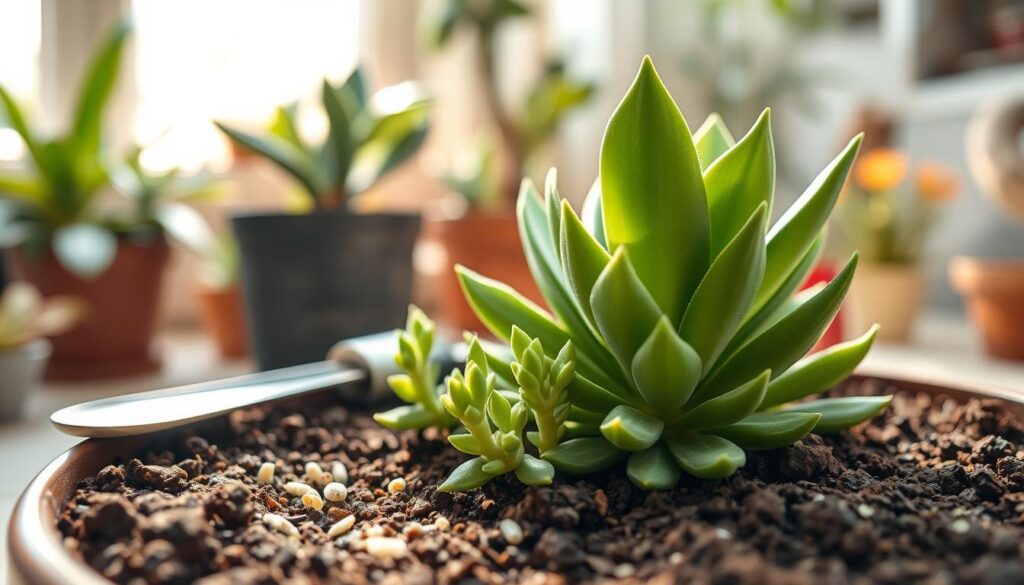 A close-up view of a Kalanchoe 'Mother of Thousands' plant thriving in a well-draining potting mix, with visible soil texture and nutrient-rich fertilizer granules sprinkled on the surface. The foreground features the plant's distinct, lush green leaves and small plantlets, demonstrating its propagation. In the middle ground, a gardening tool like a trowel rests beside the pot, emphasizing the care needed for this succulent. The background displays a softly blurred indoor gardening environment, filled with warm, natural sunlight cascading through a window. The lighting is bright yet soft, creating a cheerful and nurturing atmosphere, evoking the joy of plant care and growth. Ideal for showcasing the importance of proper soil and fertilizer for this unique plant species.