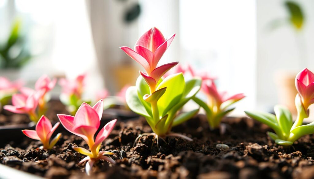 A close-up view of a Kalanchoe 'Pink Butterflies' plant showcasing its delicate, vibrant pink leaves and unique butterfly-like shape. In the foreground, several healthy cuttings are nestled in rich, black soil, illustrating the propagation process. The middle ground features the plant's leafy stems, some sprouting new roots, reflecting the natural progression of propagation. The background is softly blurred, hinting at a well-lit, airy indoor space with natural sunlight filtering through, casting gentle shadows. The overall mood is serene and inspiring, conveying the beauty of plant care and nurturing growth. The lighting is bright and warm, emphasizing the vibrant colors and textures of the Kalanchoe leaves, shot with a macro lens from a slightly elevated angle to enhance the details.