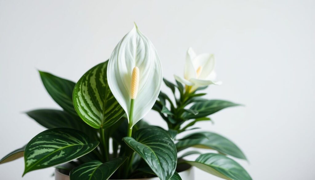 A close-up view of a Peace Lily and a Chinese Evergreen, elegantly displayed together in a stylish ceramic pot. The foreground features the vibrant green leaves of the Chinese Evergreen, showcasing its speckled pattern, while the Peace Lily blooms with its striking white flowers, exuding gentle elegance. The middle ground includes soft, diffused lighting that enhances the rich colors and leaf textures, while a light gradient background softly blurs to emphasize the plants. The atmosphere is calm and serene, capturing the essence of a cozy indoor environment perfect for winter. Shot with a 50mm lens at f/2.8 for a shallow depth of field, creating an inviting and tranquil ambiance, ideal for low-light conditions.