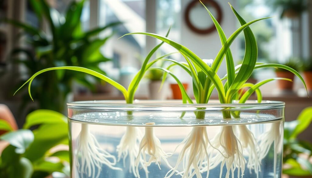 A close-up view of a glass container filled with water, showcasing the propagation of spider plant babies. The foreground features several vibrant green spider plant plantlets, their long arching leaves delicately resting above the surface, with crisp white roots extending into the water. In the middle, a soft-focus background includes a bright kitchen table setting with natural sunlight streaming in, casting gentle shadows. Lush green foliage and a few decorative pots can be seen, enhancing the plant care atmosphere. The overall mood is fresh, nurturing, and inviting, highlighting the beauty of indoor gardening. The image captures the details of water droplets and the delicate texture of the plant leaves, creating a serene vibe suitable for plant enthusiasts.