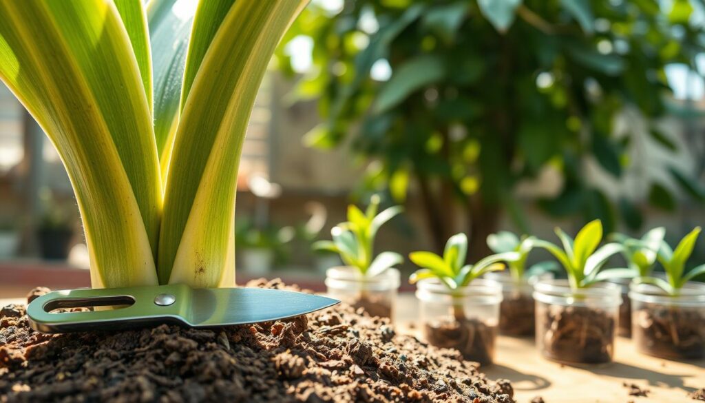 A close-up view of a healthy Dracaena plant's stem, showcasing the vibrant green leaves above and the rich soil below. In the foreground, highlight a clean cutting tool resting next to the stem, symbolizing preventative care. The middle ground reveals a few small pots containing healthy Dracaena cuttings, with their roots firmly established, indicating successful propagation. In the background, there are subtle hints of a garden setting, with natural light filtering through leafy branches, creating a warm and nurturing atmosphere. The focus should be sharp on the plant details, while the background softly blurs to enhance the mood of tranquility and growth. The overall lighting should be bright and inviting, evoking hope and positivity in plant care.