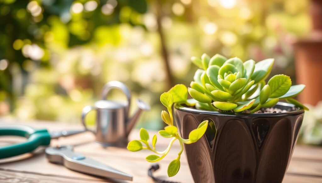 A close-up view of a healthy Kalanchoe plant in a stylish pot, surrounded by gardening tools like pruning shears and a small watering can on a wooden table. The background features a soft blurred garden scene with sunlight filtering through leaves, creating a warm and inviting atmosphere. The foreground includes vibrant green leaves with a few small stems ready for propagation, emphasizing the importance of proper care tips. The image captures the essence of nurturing plants, with natural light highlighting the Kalanchoe's texture and colors. Overall, it conveys a peaceful, productive gardening mood, perfect for illustrating common mistakes to avoid. A close-up view of a healthy Kalanchoe plant in a stylish pot, surrounded by gardening tools like pruning shears and a small watering can on a wooden table. The background features a soft blurred garden scene with sunlight filtering through leaves, creating a warm and inviting atmosphere. The foreground includes vibrant green leaves with a few small stems ready for propagation, emphasizing the importance of proper care tips. The image captures the essence of nurturing plants, with natural light highlighting the Kalanchoe's texture and colors. Overall, it conveys a peaceful, productive gardening mood, perfect for illustrating common mistakes to avoid.
