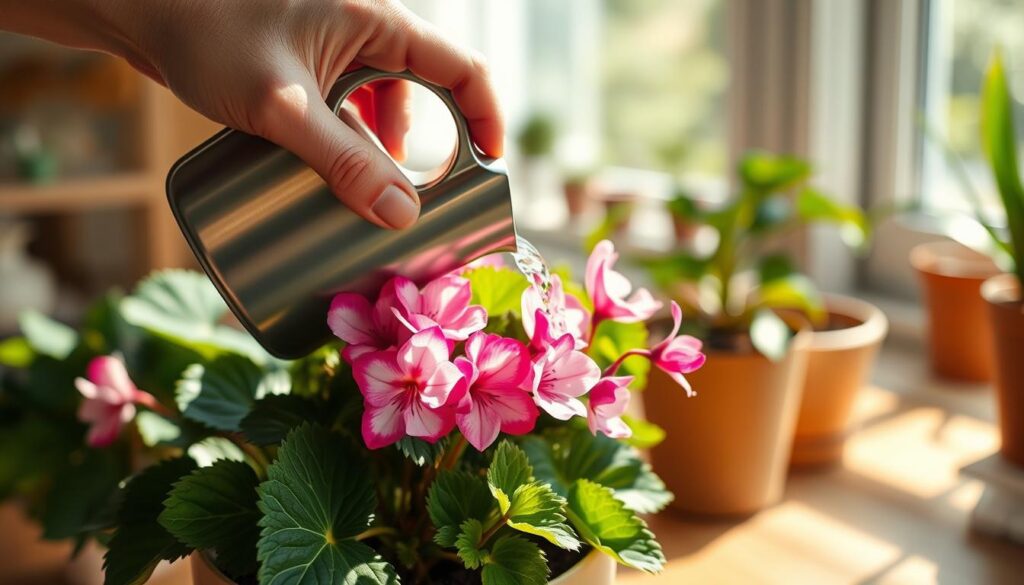 A close-up view of a human hand gently watering a vibrant cyclamen plant using a small watering can, set against a soft, blurred background of a cozy indoor garden. The cyclamen features rich, green leaves with striking pink and white flowers in full bloom. Sunlight streams in from a window, casting delicate shadows and creating a warm, inviting atmosphere. The focus is on the interaction between the hand and the plant, showcasing the technique of watering without disturbing the soil. The image should evoke a sense of calm and care, emphasizing the nurturing aspect of post-repotting care for the cyclamen. Use natural lighting with a slightly shallow depth of field to enhance the subject.