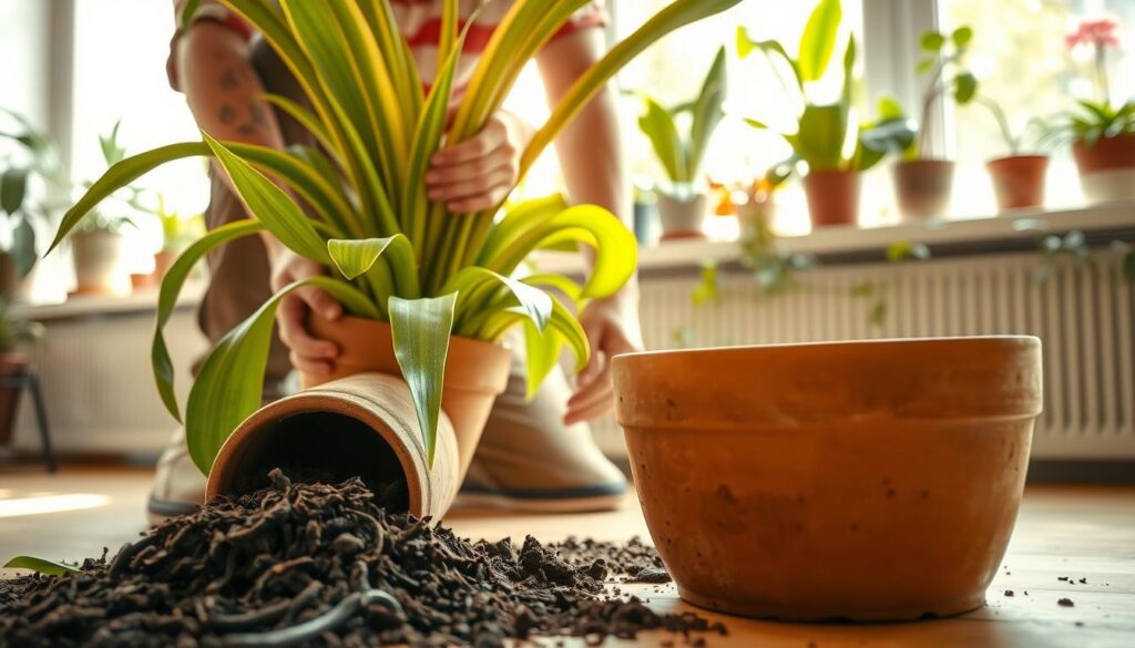 A close-up view of a person in casual gardening attire carefully repotting a large Dracaena plant in a bright, sunlit indoor environment. The individual is focused on the task, holding the plant by its sturdy trunk, surrounded by lush green leaves. In the foreground, rich, dark soil spills from the end of a ceramic pot. In the middle ground, a larger pot, slightly wider than the original, is prepared with fresh potting mix. The background features a windowsill populated with various houseplants, filtering soft, natural light into the scene. The mood is calm and nurturing, emphasizing the care involved in managing large Dracaena plants during repotting, with a warm color palette enhancing the inviting atmosphere.