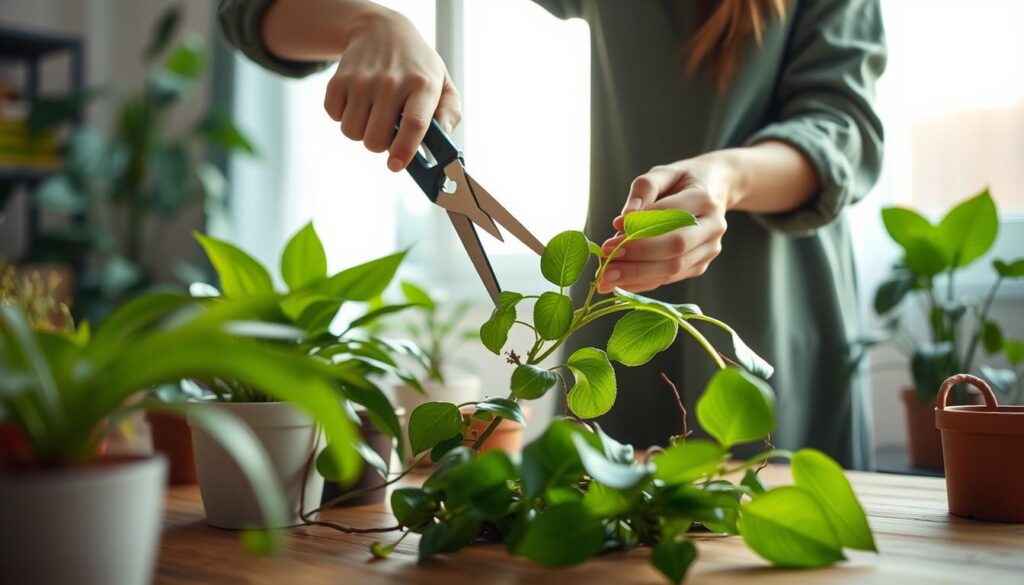 A close-up view of a person wearing modest casual clothing demonstrating indoor plant pruning techniques. The foreground focuses on their hands as they carefully trim a healthy green houseplant, showcasing sharp pruning shears in use. The middle ground features an assortment of well-cared-for indoor plants, like a peace lily and a pothos, arranged neatly on a wooden table. In the background, a softly blurred window allows gentle winter sunlight to filter in, casting a warm glow over the scene. The atmosphere is calm and inviting, emphasizing the nurturing and attentive nature of plant care. Natural colors dominate, with rich greens and earthy tones creating a cozy indoor gardening environment. A close-up view of a person wearing modest casual clothing demonstrating indoor plant pruning techniques. The foreground focuses on their hands as they carefully trim a healthy green houseplant, showcasing sharp pruning shears in use. The middle ground features an assortment of well-cared-for indoor plants, like a peace lily and a pothos, arranged neatly on a wooden table. In the background, a softly blurred window allows gentle winter sunlight to filter in, casting a warm glow over the scene. The atmosphere is calm and inviting, emphasizing the nurturing and attentive nature of plant care. Natural colors dominate, with rich greens and earthy tones creating a cozy indoor gardening environment.
