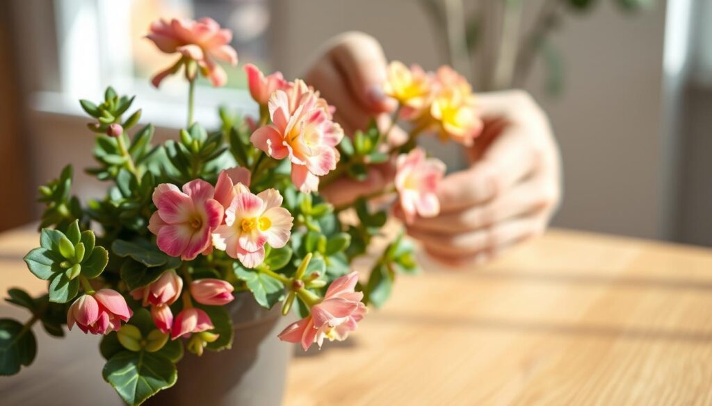 A close-up view of a vibrant Kalanchoe plant struggling with reblooming issues, set against a lightly textured wooden table. In the foreground, the Kalanchoe flowers display a mix of wilted and healthy blooms, reflecting their reblooming challenges with varying shades of pink and yellow. The middle layer features a gardener's hands gently inspecting the plant, wearing modest casual gloves, emphasizing the troubleshooting aspect. In the background, soft natural light filters through a window, casting gentle shadows and creating a warm, inviting atmosphere. The lens focus is sharp on the Kalanchoe while the background is delicately blurred, highlighting the urgency and care needed for successful reblooming. The mood is one of determination and hope, capturing the essence of nurturing plants back to life.