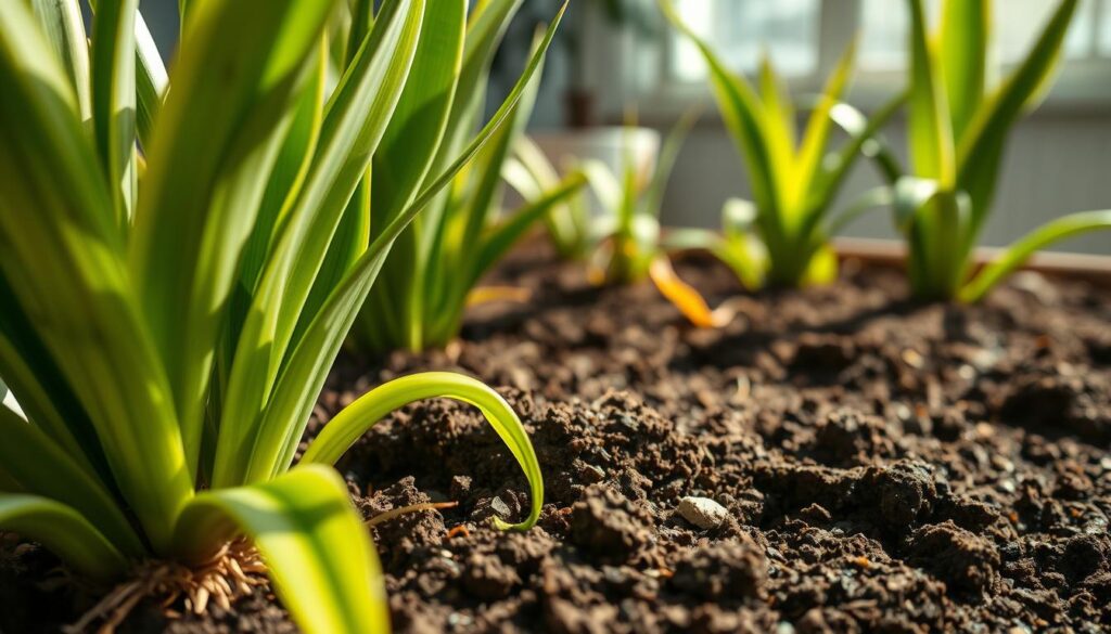 A close-up view of healthy Dracaena plants in rich, textured soil that displays clear signs of soil health. The foreground features vibrant green leaves with slight curling, and roots partially visible in the soil, showcasing a healthy structure. In the middle ground, signs of poor soil health are visible: yellowing leaves, dry spots, and compacted soil clumps, indicating the need for attention. The background is softly blurred, depicting a serene indoor garden setting with gentle natural light filtering through a window, casting delicate shadows. The mood is educational and informative, inviting readers to observe the details carefully. Use a shallow depth of field, capturing every texture and color, emphasizing the contrast between healthy and unhealthy indicators in the Dracaena soil.
