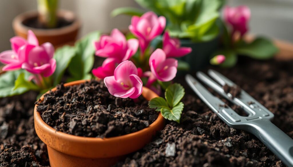 A close-up view of rich, dark potting soil mix specifically designed for cyclamen, vividly showcasing its granular texture and organic matter. The foreground features a small terracotta pot partially filled with the soil, revealing its moisture content. Surrounding the pot are fresh cyclamen leaves with a hint of vibrant pink blooms peeking through, suggesting healthy growth. In the middle ground, a gardening trowel rests beside the pot. The background is softly blurred, hinting at a cozy indoor environment with gentle, diffused light illuminating the scene, casting soft shadows to create a warm and inviting atmosphere. The overall composition conveys a sense of nurturing and care, perfect for a plant enthusiast's indoor garden. A close-up view of rich, dark potting soil mix specifically designed for cyclamen, vividly showcasing its granular texture and organic matter. The foreground features a small terracotta pot partially filled with the soil, revealing its moisture content. Surrounding the pot are fresh cyclamen leaves with a hint of vibrant pink blooms peeking through, suggesting healthy growth. In the middle ground, a gardening trowel rests beside the pot. The background is softly blurred, hinting at a cozy indoor environment with gentle, diffused light illuminating the scene, casting soft shadows to create a warm and inviting atmosphere. The overall composition conveys a sense of nurturing and care, perfect for a plant enthusiast's indoor garden.