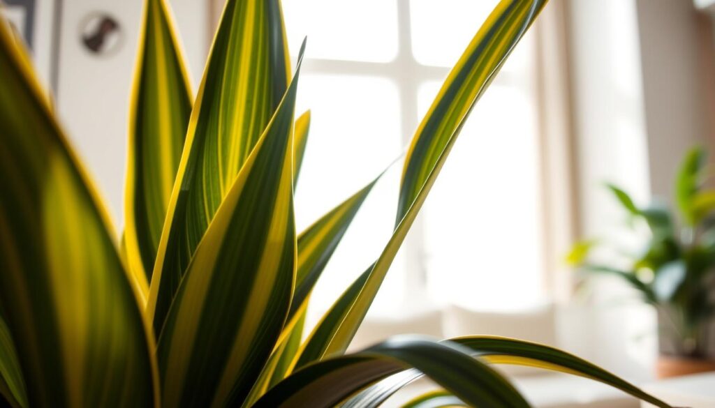 A close-up view of the Dracaena Trifasciata 'Black Gold', showcasing its striking, dark-edged leaves that display vibrant dark green contrasted with golden-yellow stripes. The foreground features a healthy plant with well-defined leaf patterns, emphasizing the dramatic appearance. The middle ground captures the plant's elegant shape and upright growth, surrounded by soft, diffused natural light that highlights the texture and color variations of the leaves. In the background, a subtle, blurred indoor setting suggests a cozy home environment, enhancing the plant’s aesthetic appeal. The overall atmosphere is serene and stylish, perfect for showcasing this stunning variety as a centerpiece in modern interior decor. Use natural light to create a warm, inviting mood.