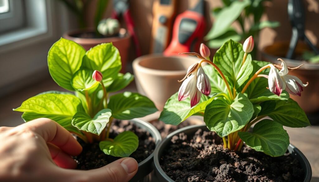 A close-up view of two healthy cyclamen plants amidst dormancy, displaying vibrant green leaves with pronounced marbling patterns and delicate, wilted flowers showcasing subtle hues of pink and white. In the foreground, a hand gently touches the soil surface, inspecting it with care, reflecting proper plant health check techniques. The middle ground includes a soft-focus background of a cozy winter plant care corner, with tools like pruning shears and a moisture meter arranged neatly. Soft, natural light streams in from a nearby window, casting gentle shadows, creating a calm and serene atmosphere. The overall mood should convey tranquility and attentiveness to seasonal plant care, ideal for a troubleshooting guide.