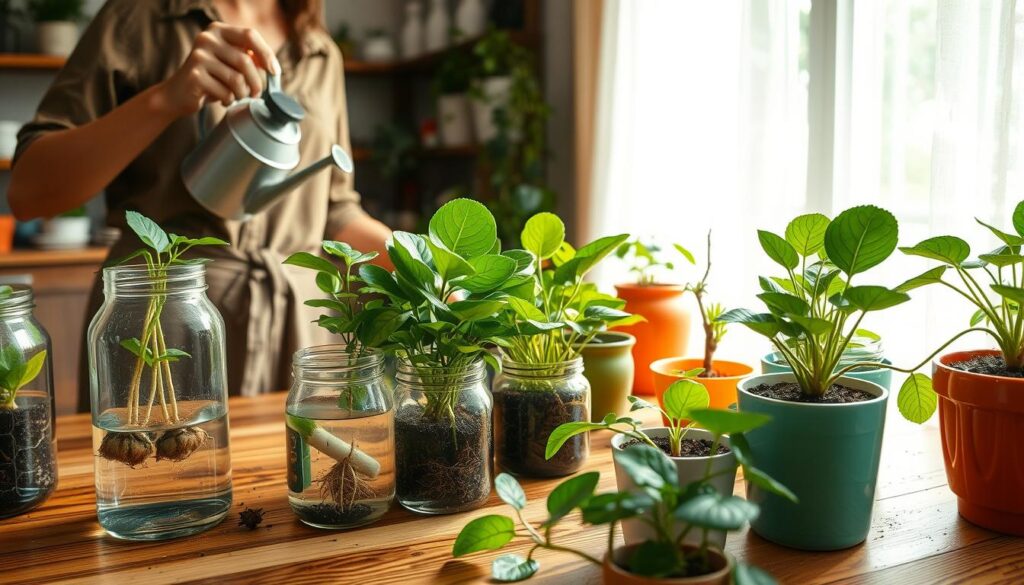 A cozy indoor propagation station maintenance scene, featuring a wooden table filled with various plant cuttings in clear glass jars and colorful ceramic pots. In the foreground, a gardener, dressed in modest, casual clothing, gently tends to the plants, using a small watering can. The middle layer showcases lush green cuttings, some with roots visible in water, while others are potted in rich, dark soil. The background includes a sunlit window with sheer curtains, casting warm, natural light across the scene. The overall atmosphere is serene and nurturing, evoking a sense of care and growth. The image should capture vibrant plant life and a sense of tranquility in the home gardening space, with a focus on the detailed textures of the leaves and soil. A cozy indoor propagation station maintenance scene, featuring a wooden table filled with various plant cuttings in clear glass jars and colorful ceramic pots. In the foreground, a gardener, dressed in modest, casual clothing, gently tends to the plants, using a small watering can. The middle layer showcases lush green cuttings, some with roots visible in water, while others are potted in rich, dark soil. The background includes a sunlit window with sheer curtains, casting warm, natural light across the scene. The overall atmosphere is serene and nurturing, evoking a sense of care and growth. The image should capture vibrant plant life and a sense of tranquility in the home gardening space, with a focus on the detailed textures of the leaves and soil.