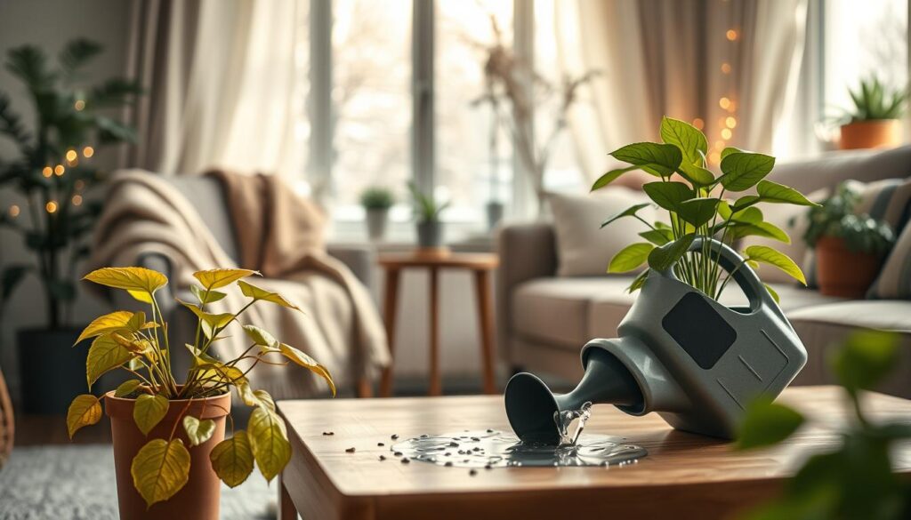 A cozy indoor scene during winter, showcasing a well-decorated living room with several houseplants. In the foreground, feature a potted plant with yellowing leaves and dry soil, illustrating common watering mistakes. On the nearby coffee table, a watering can tipped over, spilling excess water next to another plant that is wilting. The middle ground includes an armchair adorned with a soft blanket, and a window revealing a snowy landscape outside, allowing soft, diffused sunlight to fill the room. The background should have softly glowing fairy lights, creating a warm atmosphere. Use a shallow depth of field to focus on the watering can and plant, with a calm, educational mood. A cozy indoor scene during winter, showcasing a well-decorated living room with several houseplants. In the foreground, feature a potted plant with yellowing leaves and dry soil, illustrating common watering mistakes. On the nearby coffee table, a watering can tipped over, spilling excess water next to another plant that is wilting. The middle ground includes an armchair adorned with a soft blanket, and a window revealing a snowy landscape outside, allowing soft, diffused sunlight to fill the room. The background should have softly glowing fairy lights, creating a warm atmosphere. Use a shallow depth of field to focus on the watering can and plant, with a calm, educational mood.