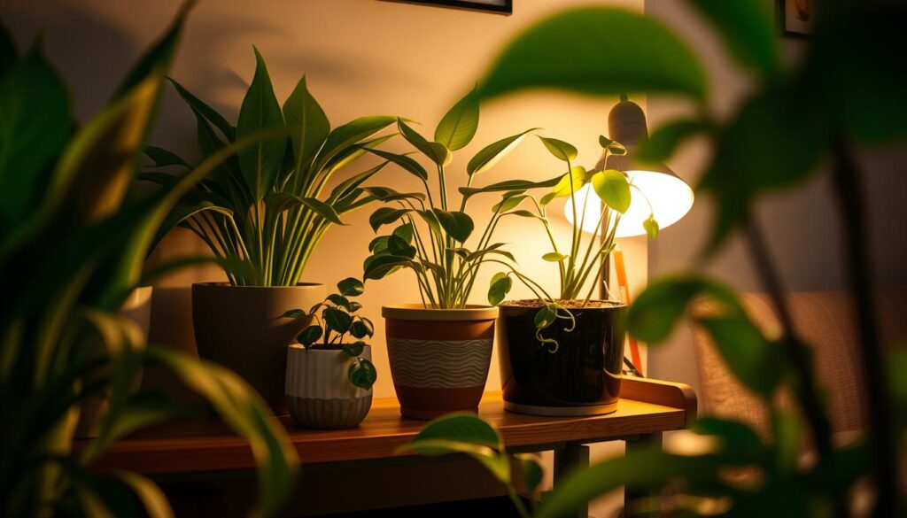 A cozy indoor setting featuring a variety of low-light indoor plants, such as snake plants and pothos, in a dimly lit corner. In the foreground, highlight common care mistakes: overwatering evidenced by yellowing leaves, brown leaf tips due to low humidity, and neglected soil condition. The middle ground showcases the plants in decorative pots, positioned on a wooden shelf with subtle dust accumulation. The background is softly blurred, emphasizing the warm glow of a nearby lamp casting gentle light, enhancing the atmosphere of a warm, lived-in space. Use a soft focus lens at a slight angle, capturing the scene with a relaxed, informative vibe that warns against common pitfalls of indoor plant care.