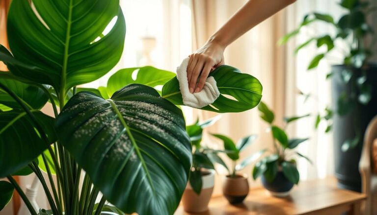 A cozy indoor setting featuring a variety of lush green indoor plants with visibly dusty leaves. In the foreground, a person dressed in smart casual clothing gently cleans the leaves of a large Monstera plant using a damp cloth, showcasing the action of leaf cleaning. The middle ground includes additional plants like a rubber plant and a peace lily, all in decorative pots on a wooden table. The background is softly blurred, revealing a warm, sunlit room with a window allowing natural light to filter in, casting gentle shadows. The overall mood is serene and nurturing, emphasizing the importance of plant care for optimal growth and photosynthesis, captured with a soft focus lens to enhance the tranquility of the scene.