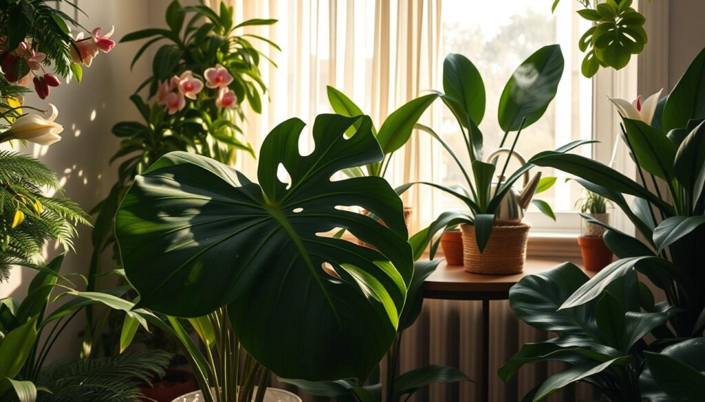 A cozy indoor setting filled with various tropical plants thriving in naturally humid spaces, featuring lush greenery like ferns, orchids, and peace lilies. In the foreground, a large, leafy Monstera sits on a stylish plant stand, droplets of moisture glistening on its leaves. The middle ground showcases a sunny window with sheer curtains, allowing soft, diffused light to illuminate the scene. In the background, a steaming kettle rests on a windowsill, symbolizing warmth and humidity, with a hint of a stylish room decor giving a tranquil atmosphere. Soft shadows and a warm color palette create a serene and inviting mood, emphasizing the lush vitality of the plants in their perfectly humid environment.