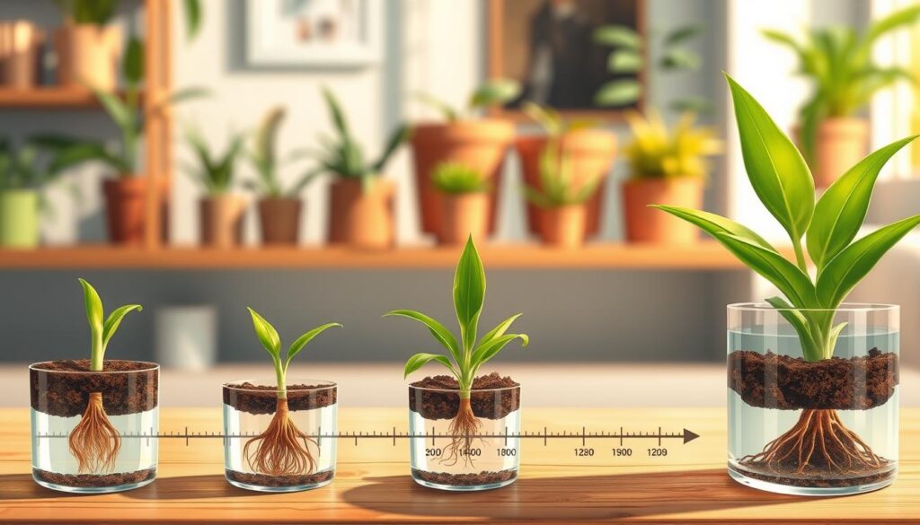 A detailed and informative illustration depicting the "Dracaena Rooting Timeline." In the foreground, feature three stages of Dracaena cuttings in soil and water, showcasing the rooting process: first cutting, newly emerging roots, and a healthy, rooted plant. Include rich soil textures, vibrant green leaves, and translucent water for clarity. In the middle ground, emphasize a series of plant pots and a measuring timeline with visual indicators, representing weeks of progress. For the background, softly blurred house plant décor to suggest indoor gardening. Use warm, natural lighting to create an inviting atmosphere, capturing the essence of growth and nurturing. Aim for a clear, focused angle that accentuates the details, with a shallow depth of field for a dreamy, growth-oriented mood.