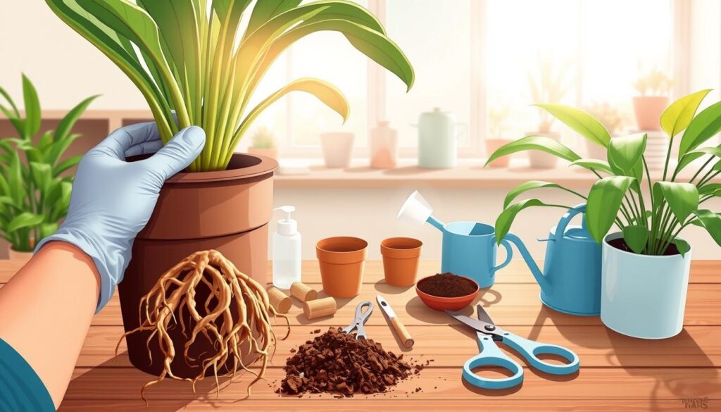 A detailed illustration of the steps for treating Dracaena root rot. In the foreground, a pair of gloved hands carefully removing a Dracaena plant from its pot, revealing its affected roots. In the middle-ground, a workbench with a variety of treatment supplies, such as fresh potting soil, sterilized scissors, and a watering can, arranged neatly. In the background, a bright, well-lit room with natural sunlight streaming through a window, enhancing the focus on the plant care process. The mood should feel practical and informative, conveying a sense of hope and rejuvenation for the plant. The lens should capture a close-up perspective to emphasize the fine details of the roots and treatment tools.