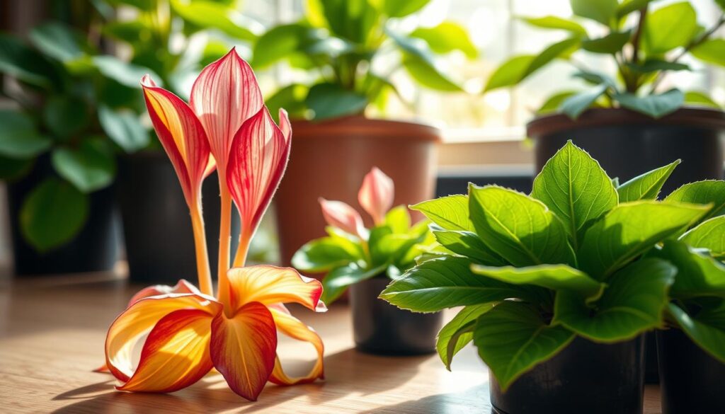 A detailed image showcasing Cyclamen plants exhibiting various nutrient deficiency symptoms. In the foreground, a close-up of vibrant yet struggling Cyclamen leaves displaying signs of yellowing, curling, and browning at the edges, set against a gently lit tabletop. The middle layer features a healthy Cyclamen with lush green leaves for contrast, symbolizing proper care. In the background, soft-focused potted plants in a garden setting, under natural sunlight filtering through leaves, create a serene atmosphere. Use a macro lens perspective to enhance leaf textures, emphasizing the differences in health. The mood is educational and insightful, aiming to inform viewers about the importance of proper fertilization and care.