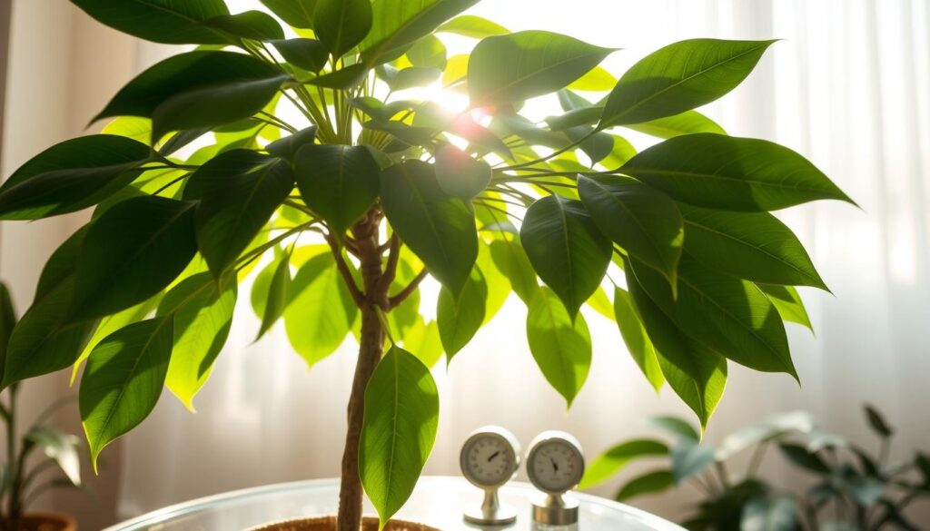 A lush Dwarf Umbrella Tree (Schefflera Arboricola) prominently displayed in the foreground, showcasing its glossy, broad, green leaves drooping from multiple stems. Sunlight filters through a window in the soft background, casting gentle shadows and highlighting the vibrant foliage. Surrounding the plant is a humid atmosphere, indicated by a subtle mist effect, enhancing the tropical vibe. In the middle ground, a thermometer and hygrometer sit on a stylish table, displaying optimal temperature (65-85°F) and humidity (40-60%) levels for the plant's care. The overall composition should evoke a warm, inviting indoor space, with a cozy, well-lit feel and rich greens that suggest a thriving plant in perfect conditions. The angle should be slightly above eye level, capturing both plant and care tools harmoniously.