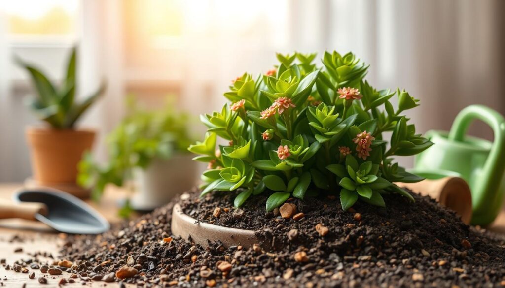 A lush Kalanchoe plant sits prominently in a rustic wooden pot filled with well-draining soil, surrounded by gardening tools such as a trowel and a small watering can. In the foreground, the textured soil showcases small pebbles and organic matter, emphasizing its suitability for cactus and succulent care. The middle ground features vibrant green Kalanchoe leaves, some with delicate clusters of colorful flowers blooming. The background includes a soft-focus view of a sunlit window with sheer curtains, casting gentle natural light that enhances the richness of the foliage. The mood is warm and inviting, portraying a sense of tranquility in plant care and nurturing. The composition is shot from a slightly elevated angle to showcase the pot and soil selection effectively.