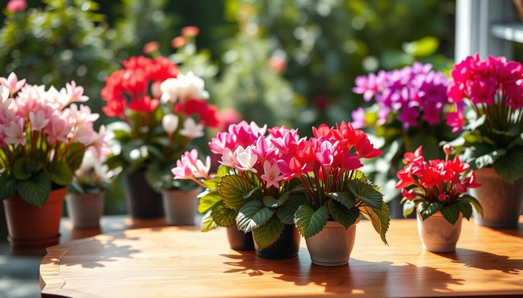A lush arrangement of vibrant cyclamen in a variety of colors, including pink, white, red, and purple, designed in a harmonious display. The foreground features a clustering of healthy cyclamen plants with vividly patterned leaves and blooming flowers, expertly arranged in decorative pots. In the middle ground, an elegant wooden table showcases these pots, artfully highlighted by soft, diffused natural light, creating gentle shadows that enhance the colors. The background fades into a serene, blurred garden scene filled with greenery, providing a tranquil atmosphere. The focus is on the color coordination of the cyclamen, evoking a sense of serenity and balance, perfect for an inviting indoor display. Capture this composition using a soft focus lens, emphasizing the vivid hues of the flowers and the delicate textures of their leaves.